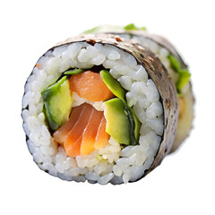 Delicious Sushi Roll with Salmon Avocado and Rice Close Up Photography isolated on white or transparent background