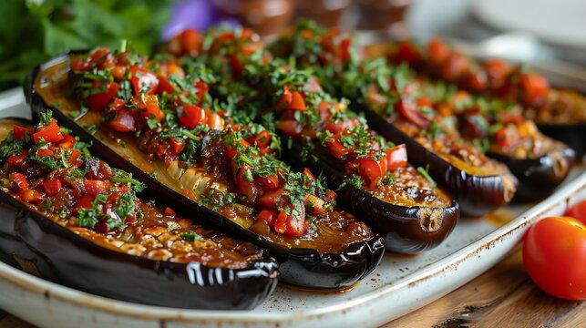 Turkish imam bayildi stuffed eggplants tomato and herbs served on white ceramic tray