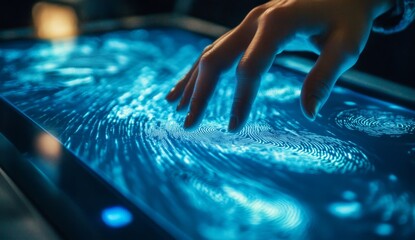 Person interacting with interactive fingerprint display at night
