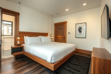 Interior view of a modern furnished hotel bedroom and bathroom