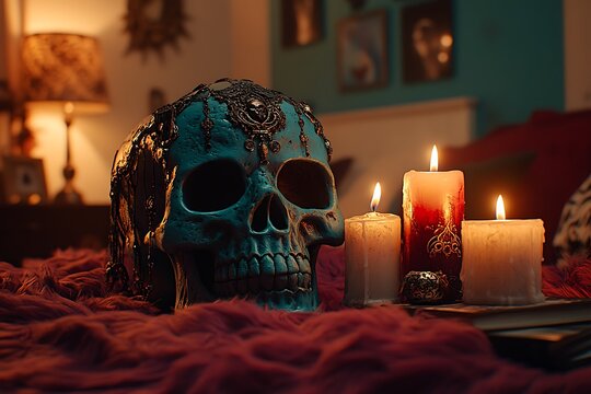A decorated skull sits near lit candles on a red fabric