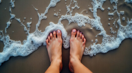 a pair of feet standing on sandy beach with the ocean waves splashing around, creating frothy white foam. The perspective is from above, looking down at the feet and the wet sand.