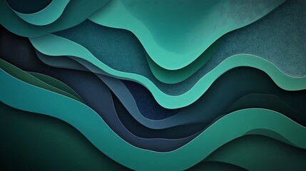 Abstract Teal and Green Layered Waves Papercut Background Illustration