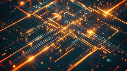 Fototapeta premium Abstract digital technology background with glowing lines and circuit patterns in vibrant orange and blue hues