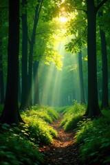 Serene and peaceful forest scene with sunlight peeking through the canopy, forest, woodland