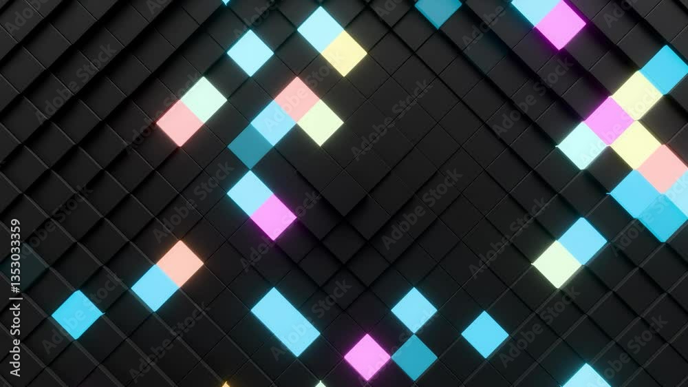 Wall mural abstract geometric 3d background, square tiles, colorful glowing pieces, 4k loop, futuristic technol