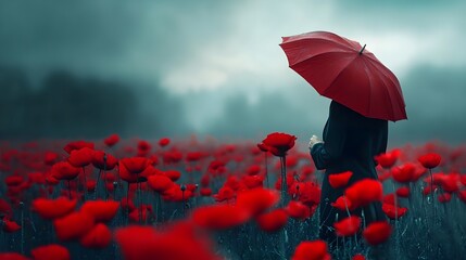 Obraz premium Poppy Field Solitude: A solitary figure shelters beneath a vibrant red umbrella, wandering through a vast field of crimson poppies on a foggy, atmospheric day. 