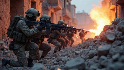 Fototapeta premium Soldiers in Combat: A War Zone Scene