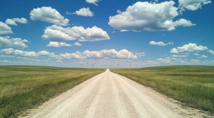 Fototapeta premium A long dusty road leads through grassy fields under clouds