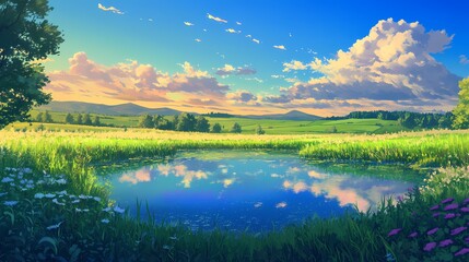 A stunning landscape featuring a pond mirroring a cloud-filled sky, surrounded by lush greenery. The scene evokes tranquility and showcases natural beauty with vibrant colors.