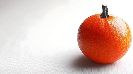 An orange pumpkin is sitting on a light colored surface