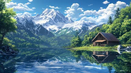 A picturesque landscape showcases a cabin nestled by a serene lake, mirroring snow-laden mountains and verdant forests, under a vibrant blue sky.