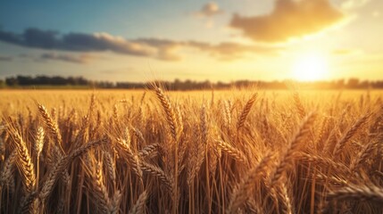 Naklejka premium Golden wheat field bathed in the warm glow of sunset light