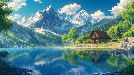 Fototapeta premium A serene lakeside scene featuring a cozy cabin, towering mountains, and a reflective body of water, all bathed in a sunny, clear day.
