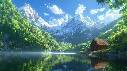 An idyllic scene: a cabin beside a reflective lake, framed by lush green forests and towering, snow-covered mountains beneath a bright blue sky dotted with clouds.
