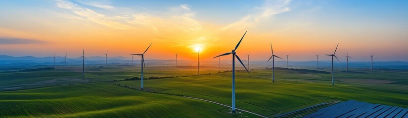 Wind turbines in a field during a vibrant sunset scene