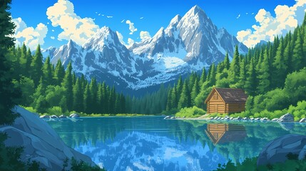 A stunning anime-style landscape featuring a wooden cabin nestled by a reflective lake, with towering snow-capped mountains and vibrant green forests under a clear blue sky.