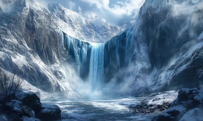 A frozen waterfall is the main focus of this image