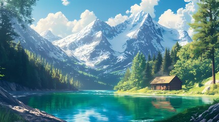 A stunning landscape featuring a cabin by a turquoise lake, majestic snow-capped mountains, dense forests, and a bright blue sky with fluffy clouds.