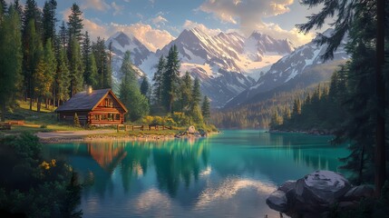 A picturesque log cabin on a turquoise lake, framed by lush forests and majestic snow-capped mountains under a sunlit sky.