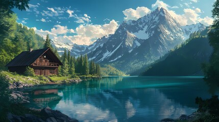 A captivating landscape featuring a wooden cabin by a tranquil lake, reflecting snow-capped mountains under a brilliant blue sky.