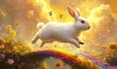 A white rabbit is flying over a rainbow bridge