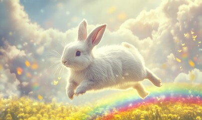 A white rabbit is flying through a field of yellow flowers