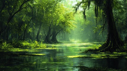 Obraz premium Misty swamp forest river, sunlight, green foliage, tranquil scene, nature background, game design