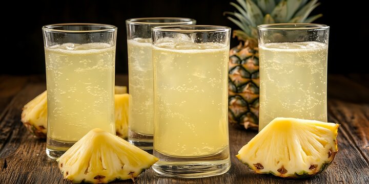 Refreshing pineapple elixir in glass tumblers on rustic wooden table top
