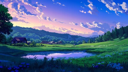 A beautiful anime-style landscape featuring a peaceful scene with a pond, cottages, lush green fields, and a vibrant sunset sky, evoking a sense of tranquility.
