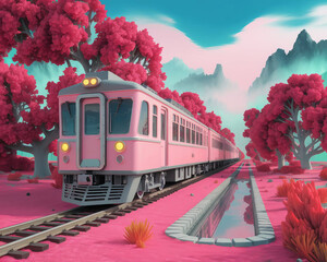 a vibrant, surreal digital artwork featuring a pink train traveling on a single track through a fantastical landscape. The train is stylized with a retro design, featuring rounded edges and large wind