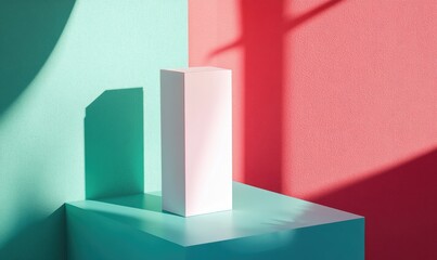A white box is sitting on a green and pink wall
