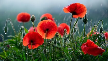 Obraz premium Poppy flowers in the garden at sunset moment