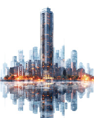 3D digital rendering of a modern city skyline with high-rise apartments and offices, isolated on white and transparent background., isolated on a pure white background.