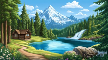 A captivating landscape showcases a charming log cabin beside a tranquil lake with a cascading waterfall, encompassed by dense forests and towering, snow-capped mountains.