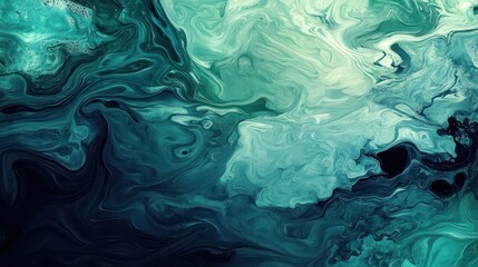 An abstract background of fluid shapes and water textures in deep green and ocean blue tones