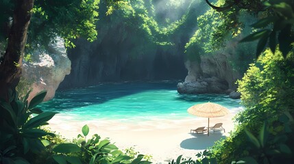 a vibrant artwork depicting a secluded beach cove bathed in sunlight, featuring turquoise waters, lush foliage, a thatched umbrella, and lounge chairs for relaxation.