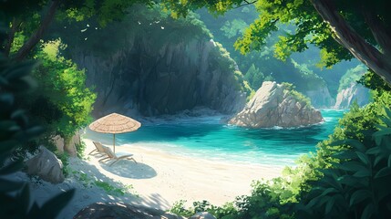 A tranquil beach scene with a thatched umbrella, beach chairs, turquoise water, and lush green foliage, all creating a secluded paradise.