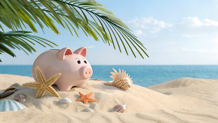 Realistic 3d piggy bank on sand on island, with palm branch, starfish and seashells on blue sky background