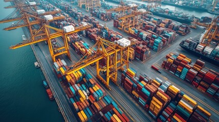 Aerial view Harbor cargo containers, cranes, ships, global trade, logistics