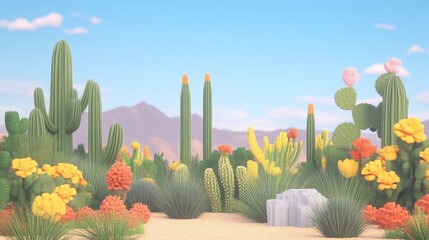 Vibrant desert landscape with colorful cacti and flowers. 