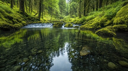 Calm forest stream reflects lush green trees, mossy banks, tranquil background, nature serenity