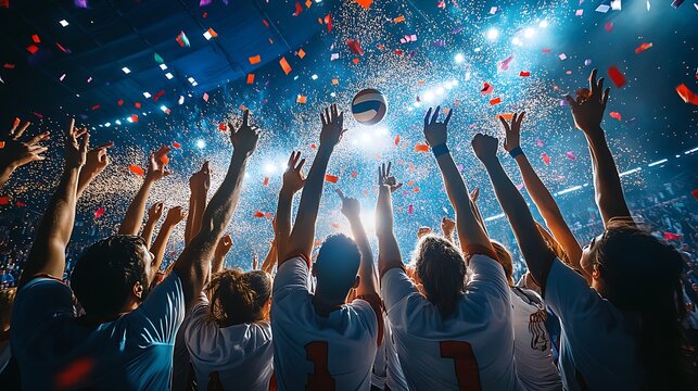 Excited fans celebrating a sporting event with volleyball and confetti
