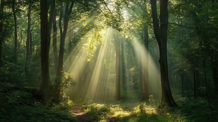 Fototapeta premium A dreamy forest scene with sun rays piercing through tall trees and dense green leaves
