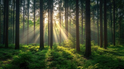 Fototapeta premium A dreamy forest scene with sun rays piercing through tall trees and dense green leaves