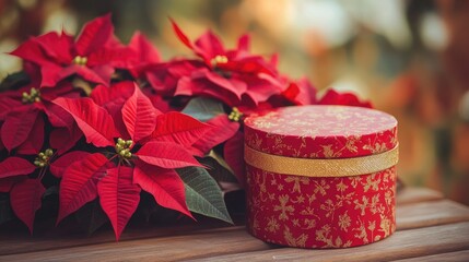 Naklejka premium A festive red and gold gift box next to a bouquet of holiday-themed poinsettias on a wooden table