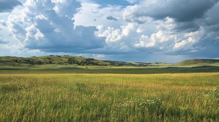 Obraz premium A field of tall green grass with rolling hills in the background under a cloudy sky