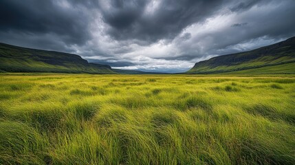 Obraz premium A field of tall green grass with rolling hills in the background under a cloudy sky