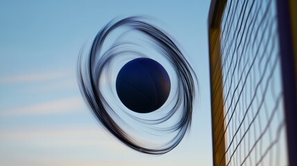 A basketball is in the air and is spinning. The ball is black and is in the middle of the image