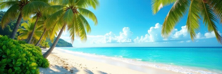 Sunny day at the tropical beach with swaying palms and sea grass, sunny day, swaying